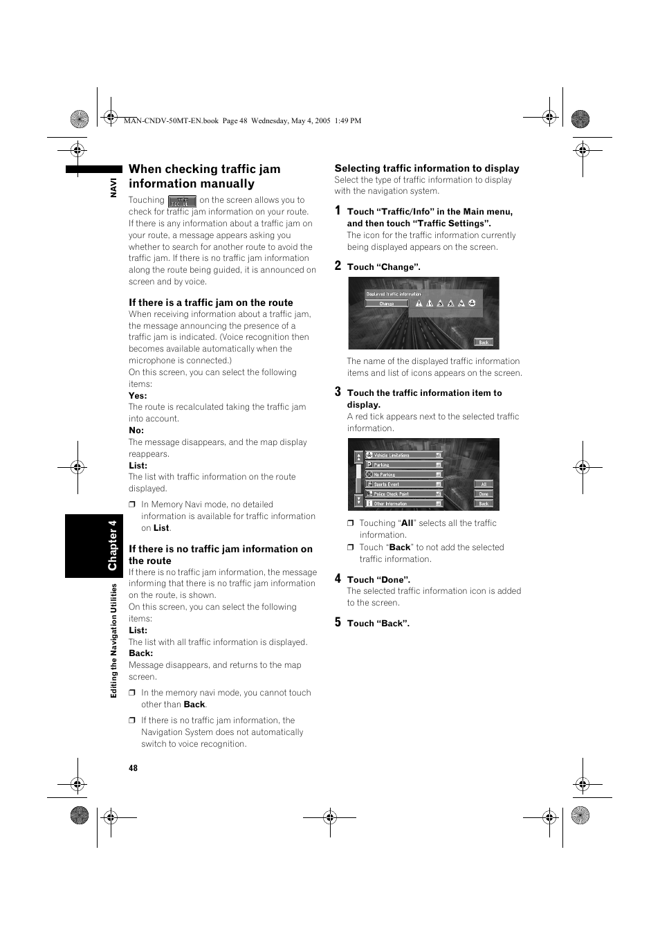 When checking traffic jam information manually | Pioneer CNDV-50MT User Manual | Page 50 / 142