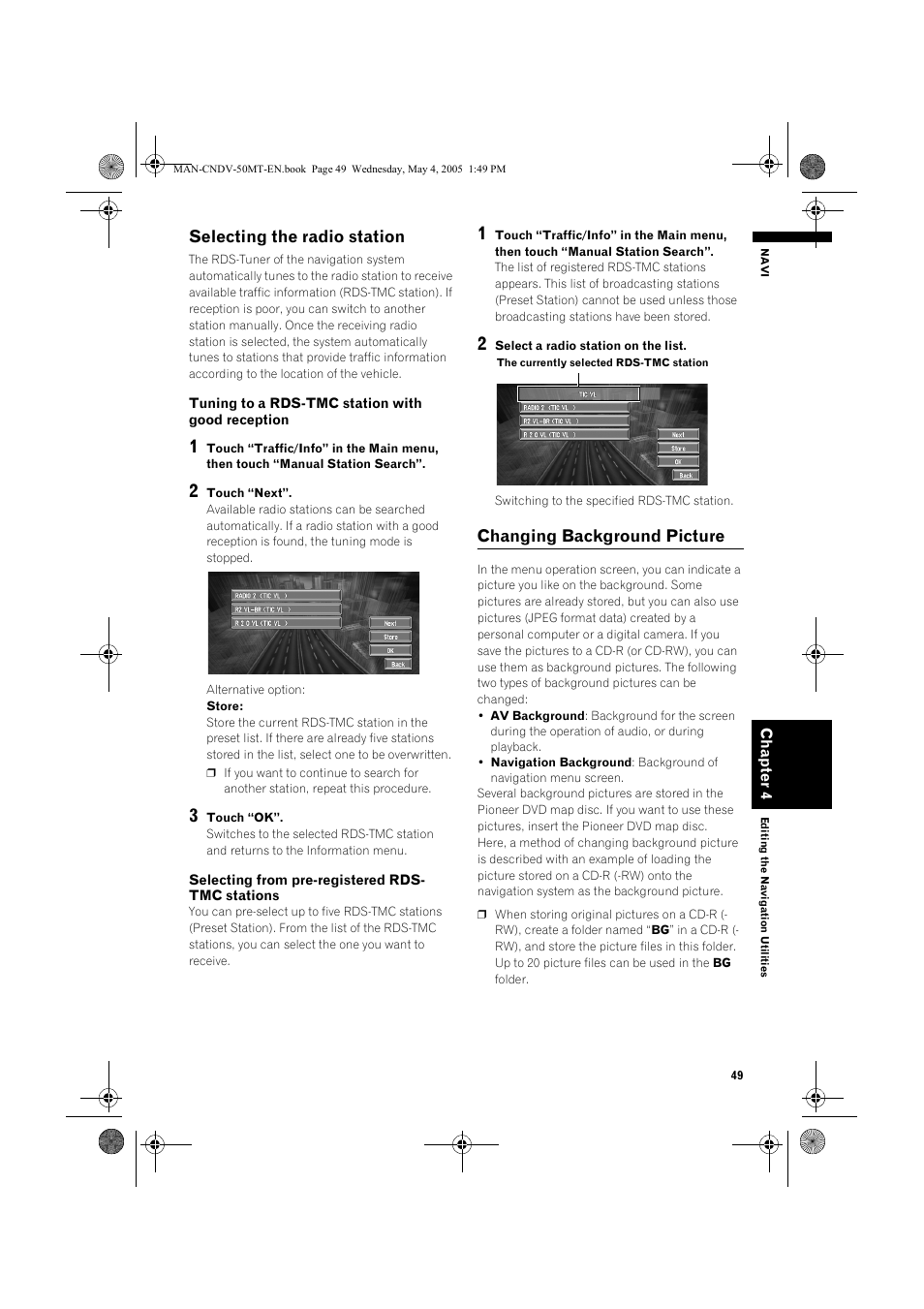 Selecting the radio station, Changing background picture | Pioneer CNDV-50MT User Manual | Page 51 / 142