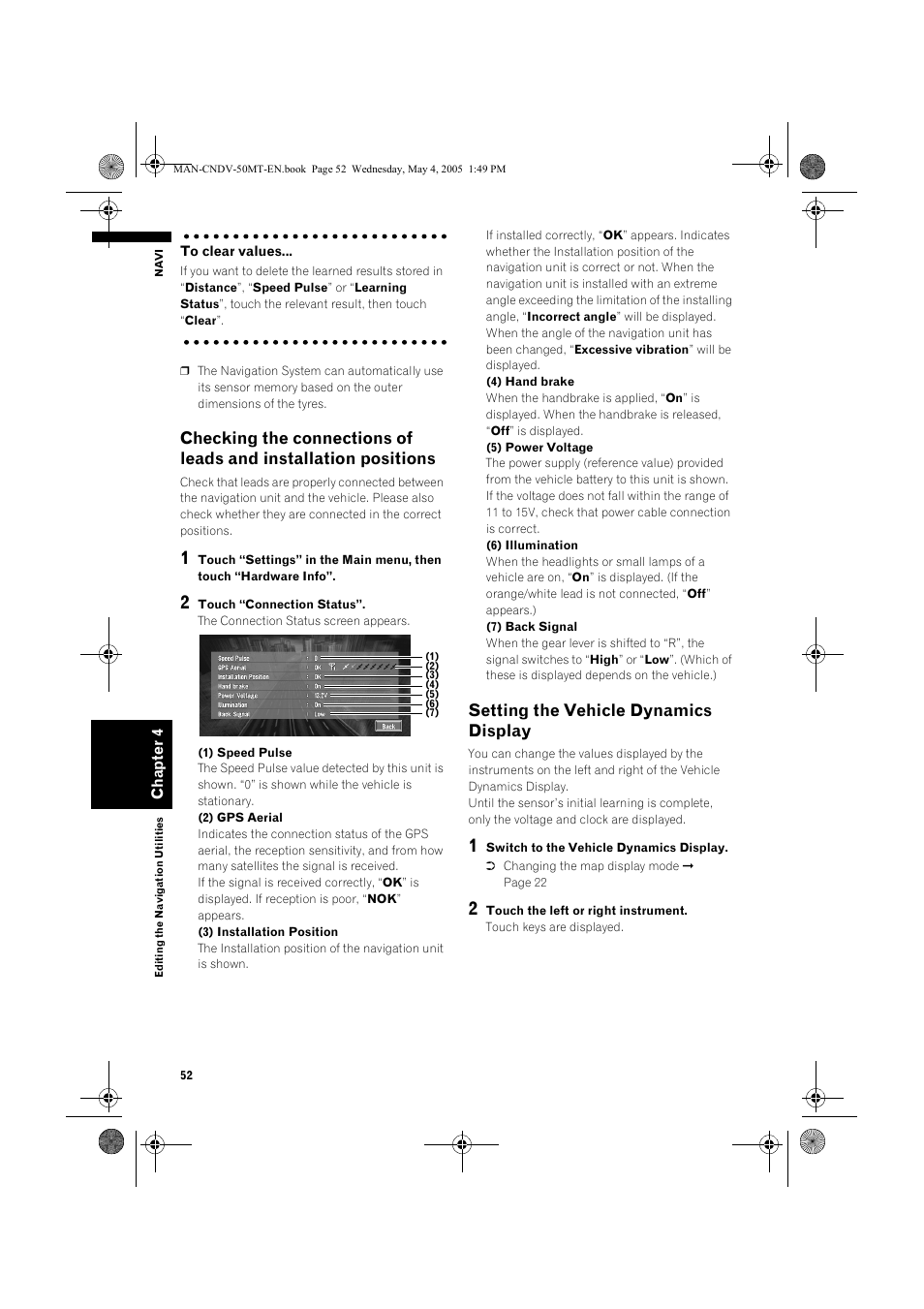 Setting the vehicle dynamics display | Pioneer CNDV-50MT User Manual | Page 54 / 142