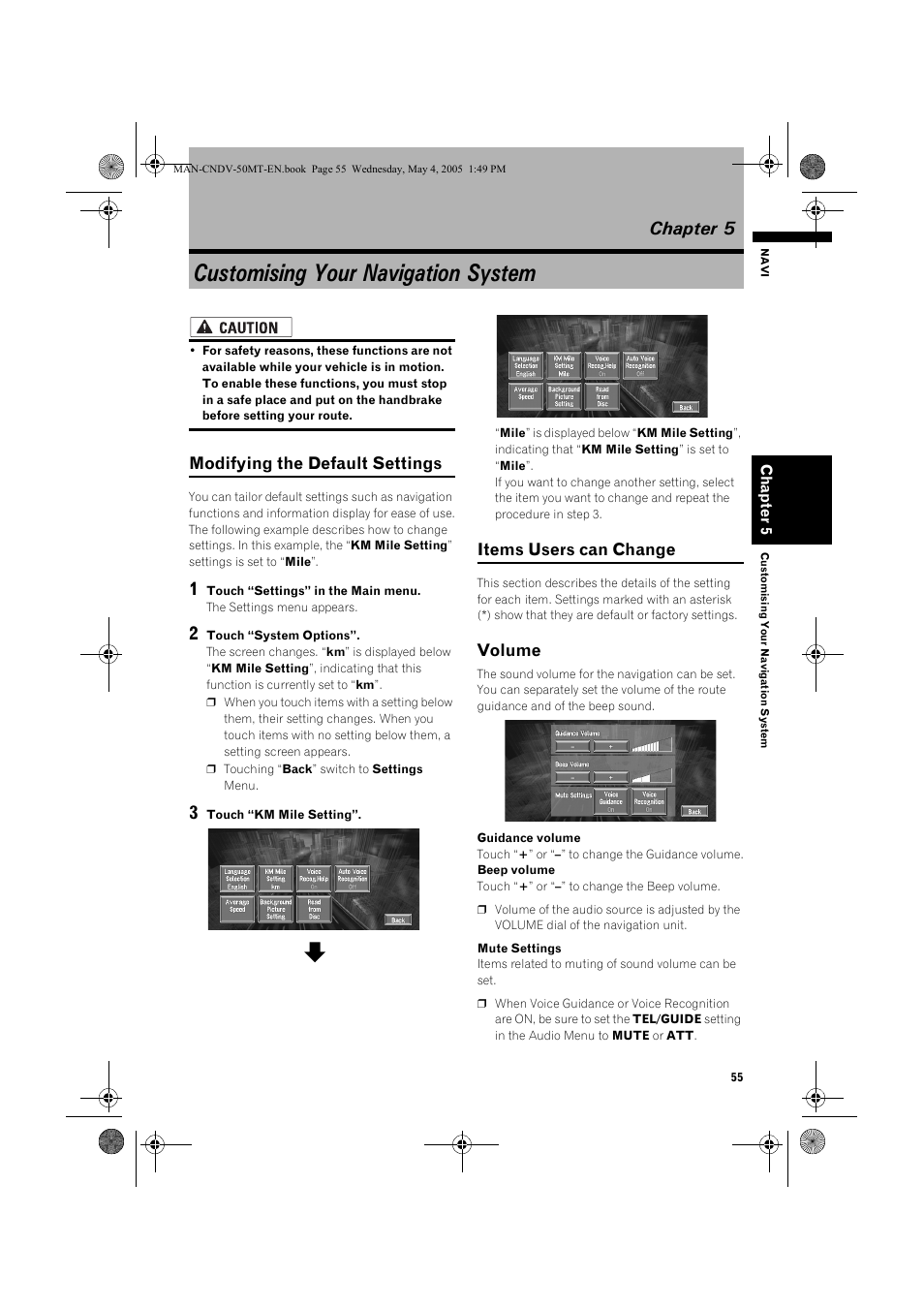 Customising your navigation system, Chapter 5, Modifying the default settings | Items users can change, Volume | Pioneer CNDV-50MT User Manual | Page 57 / 142