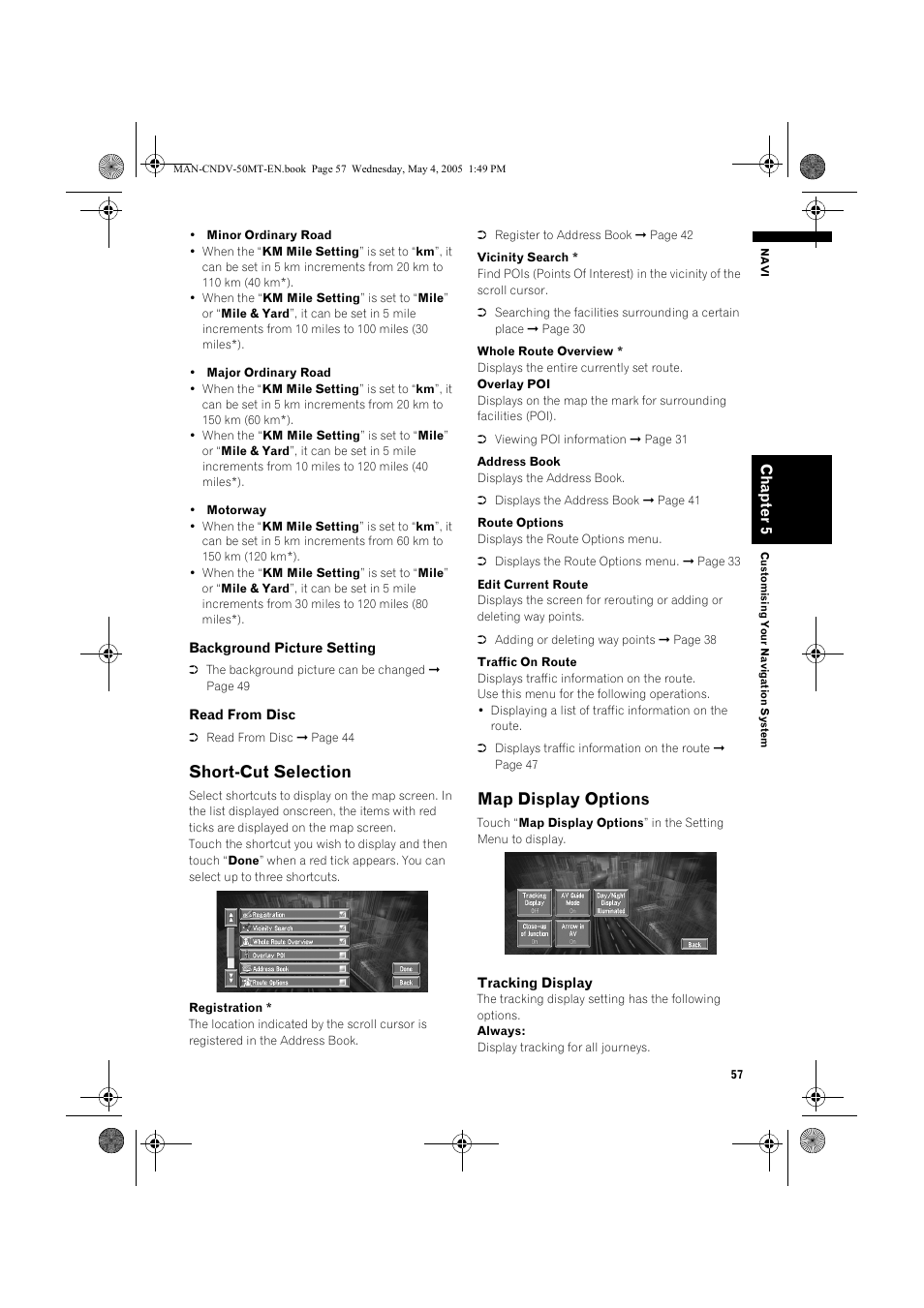 Short-cut selection, Map display options | Pioneer CNDV-50MT User Manual | Page 59 / 142