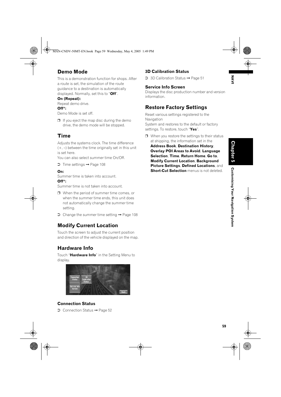 Demo mode, Time, Modify current location | Hardware info, Restore factory settings | Pioneer CNDV-50MT User Manual | Page 61 / 142