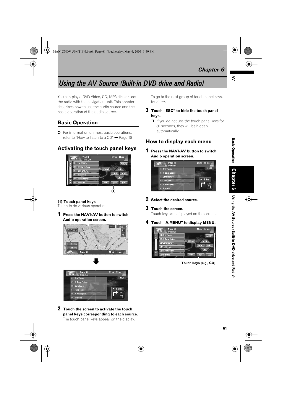 Using the av source (built-in dvd drive and radio), Chapter 6, Basic operation | Activating the touch panel keys, How to display each menu | Pioneer CNDV-50MT User Manual | Page 63 / 142