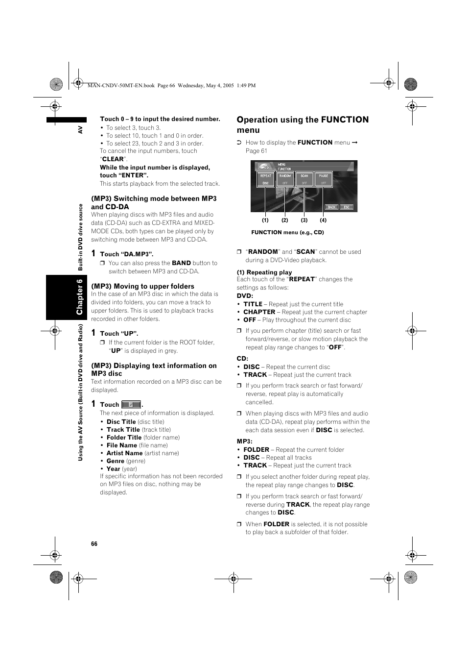 Operation using the function menu | Pioneer CNDV-50MT User Manual | Page 68 / 142