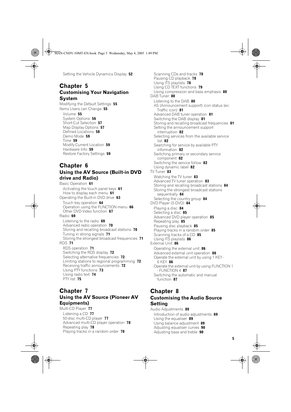 Chapter 5, Chapter 6, Chapter 7 | Chapter 8 | Pioneer CNDV-50MT User Manual | Page 7 / 142