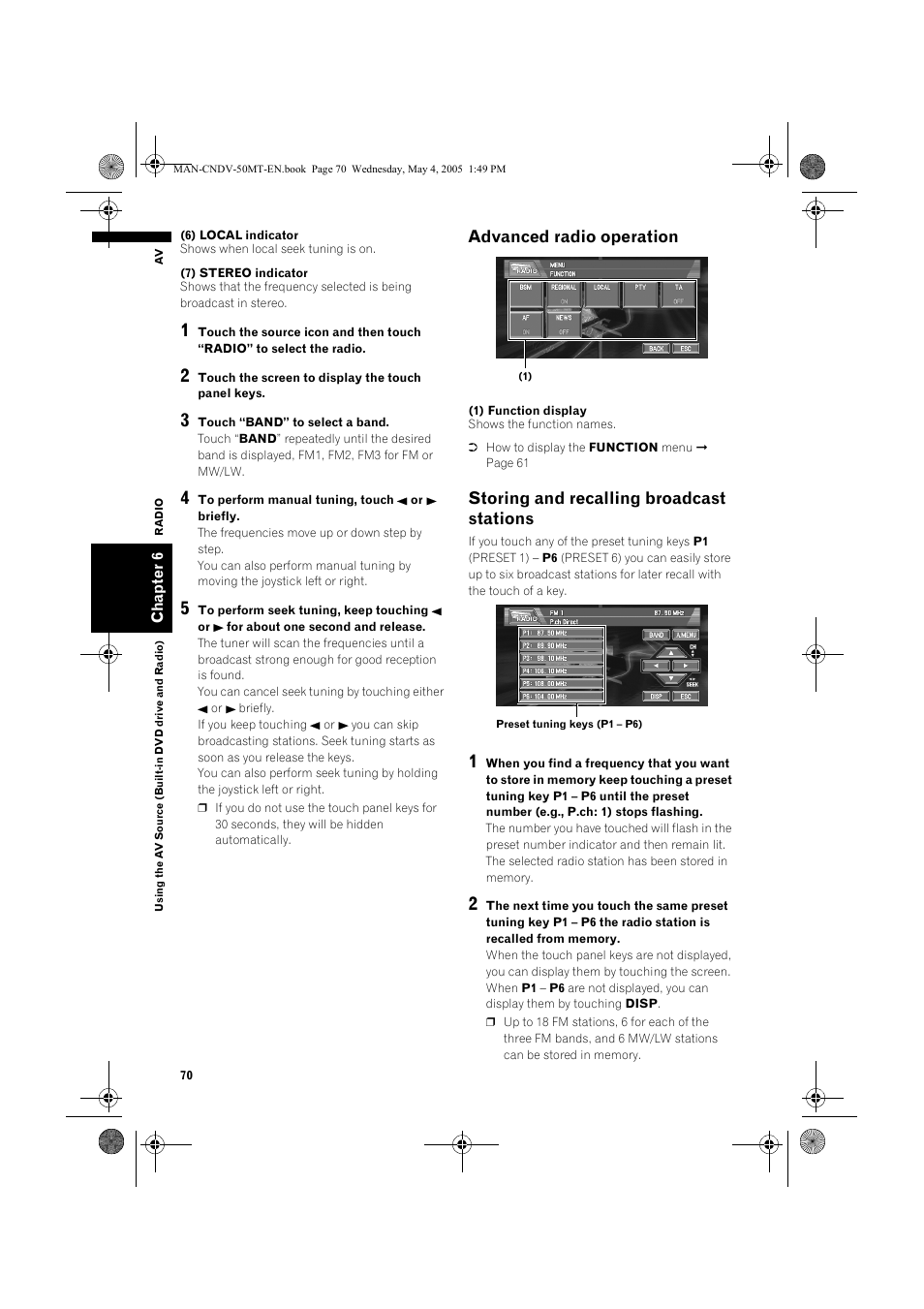 Advanced radio operation, Storing and recalling broadcast stations | Pioneer CNDV-50MT User Manual | Page 72 / 142