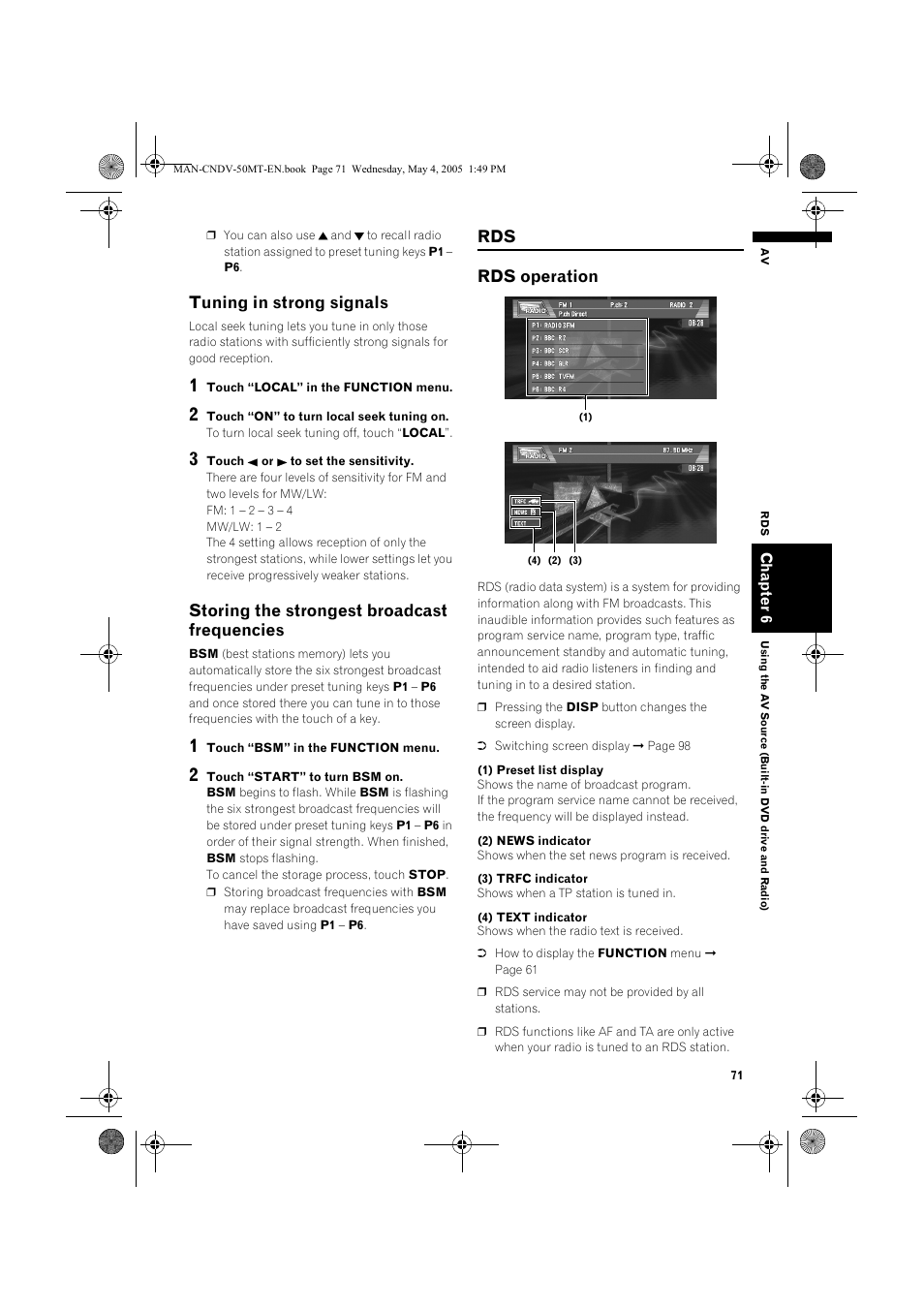 Tuning in strong signals, Storing the strongest broadcast frequencies, Rds rds operation | Pioneer CNDV-50MT User Manual | Page 73 / 142