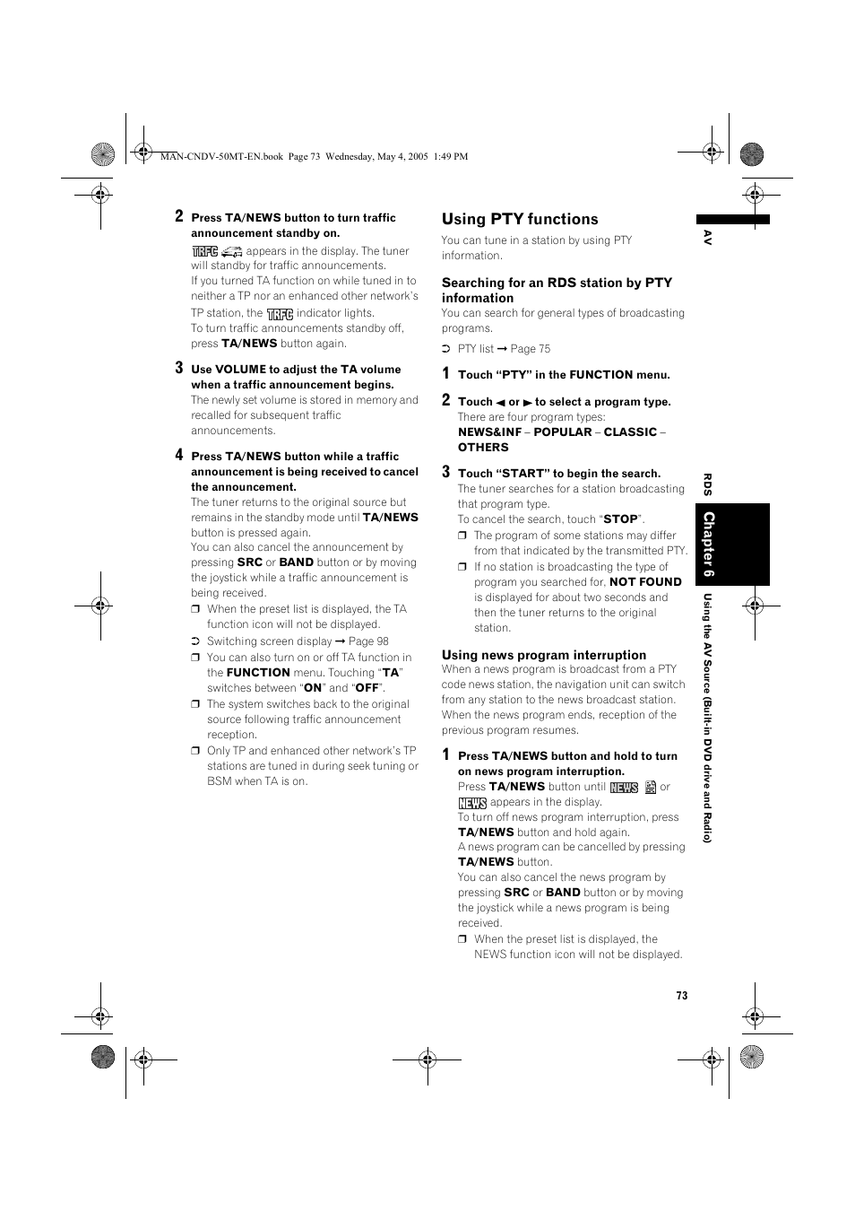 Using pty functions | Pioneer CNDV-50MT User Manual | Page 75 / 142