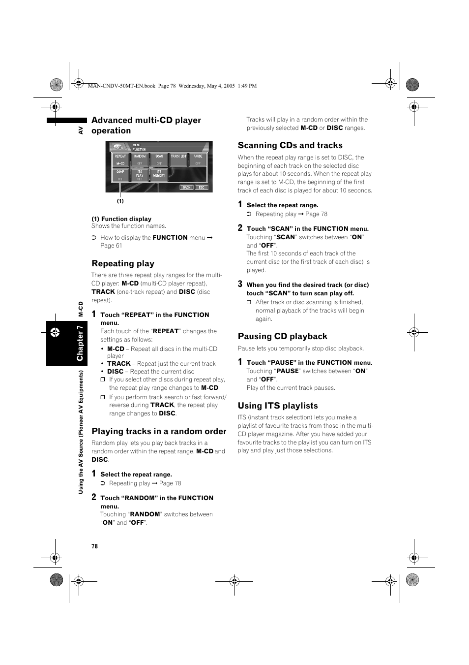 Advanced multi-cd player operation, Repeating play, Playing tracks in a random order | Scanning cds and tracks, Pausing cd playback, Using its playlists | Pioneer CNDV-50MT User Manual | Page 80 / 142