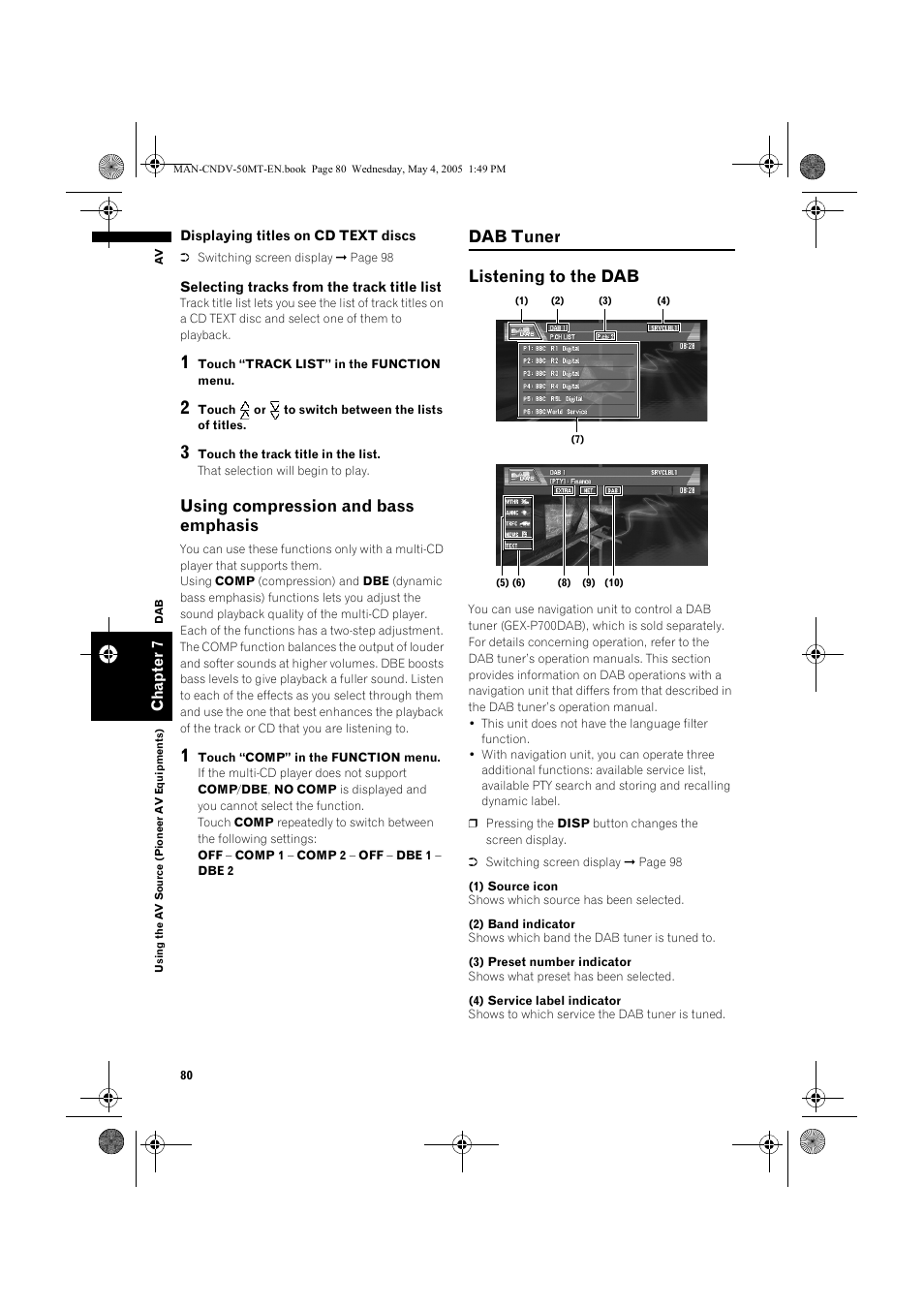 Using compression and bass emphasis, Dab tuner listening to the dab | Pioneer CNDV-50MT User Manual | Page 82 / 142