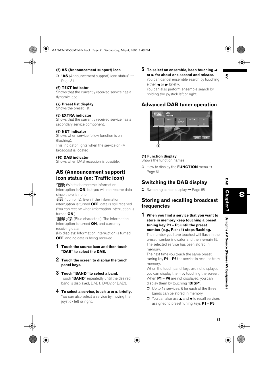 Advanced dab tuner operation, Switching the dab display, Storing and recalling broadcast frequencies | Pioneer CNDV-50MT User Manual | Page 83 / 142