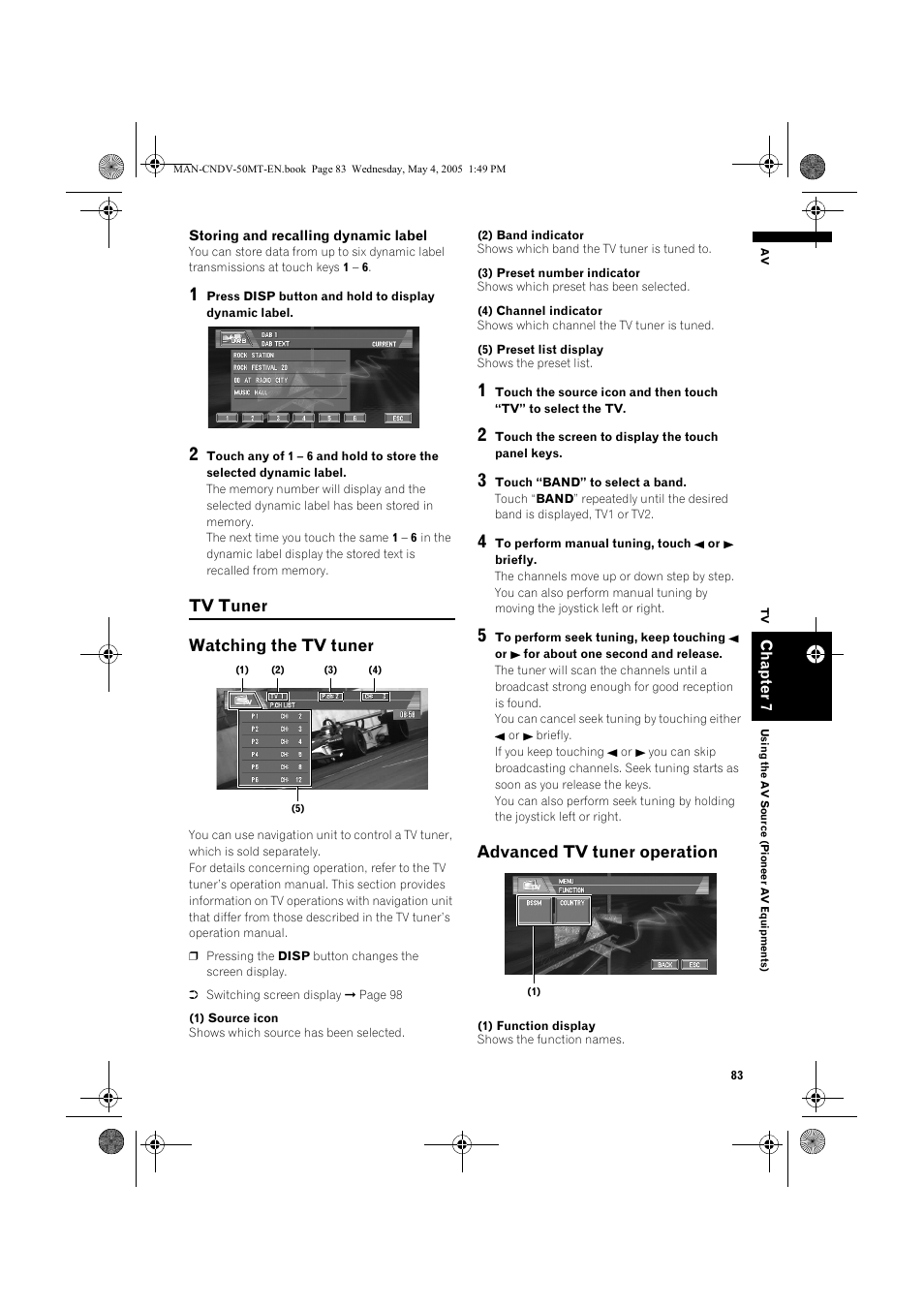 Tv tuner watching the tv tuner, Advanced tv tuner operation | Pioneer CNDV-50MT User Manual | Page 85 / 142
