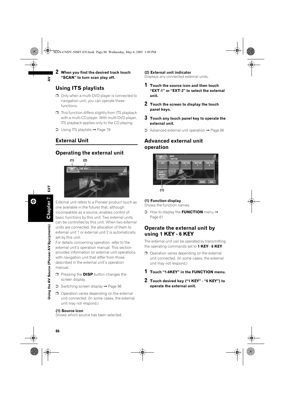 Using its playlists, External unit operating the external unit, Advanced external unit operation | Operate the external unit by using 1 key - 6 key | Pioneer CNDV-50MT User Manual | Page 88 / 142