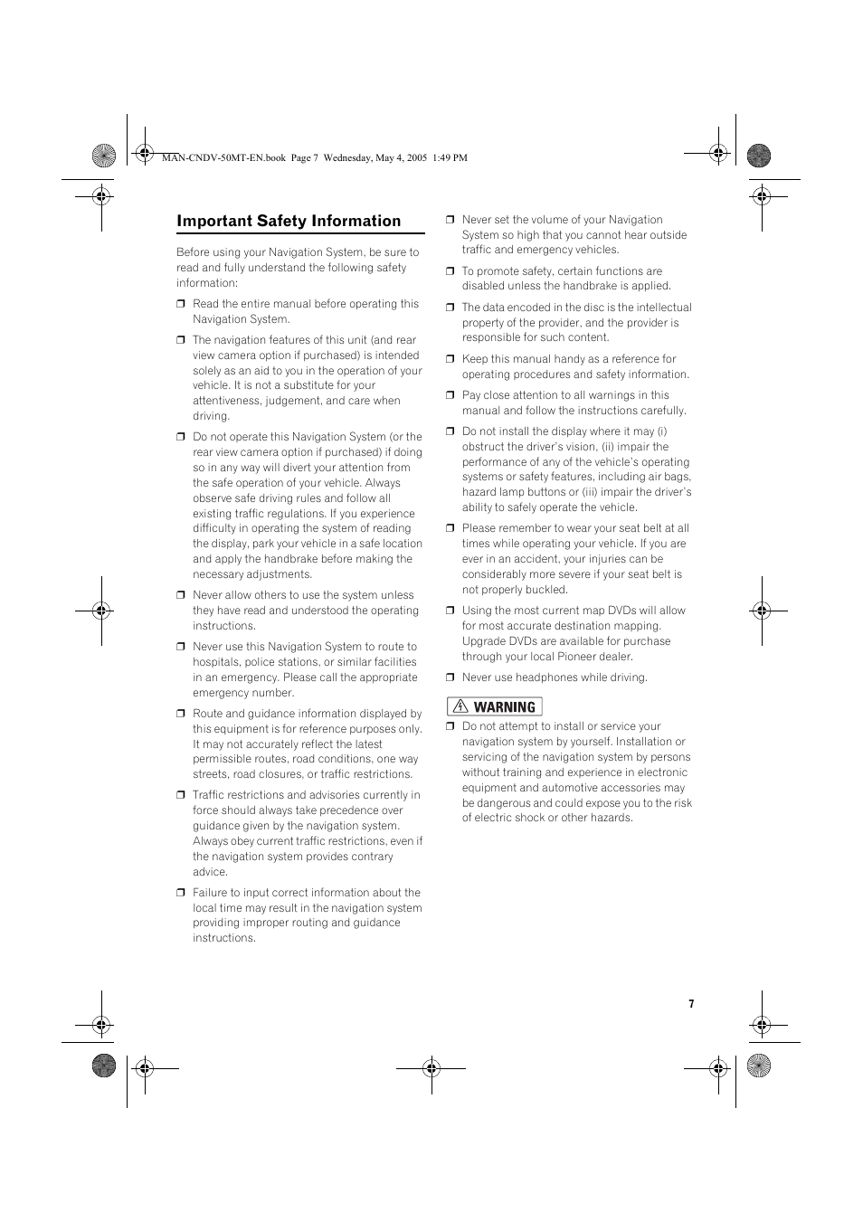 Important safety information | Pioneer CNDV-50MT User Manual | Page 9 / 142