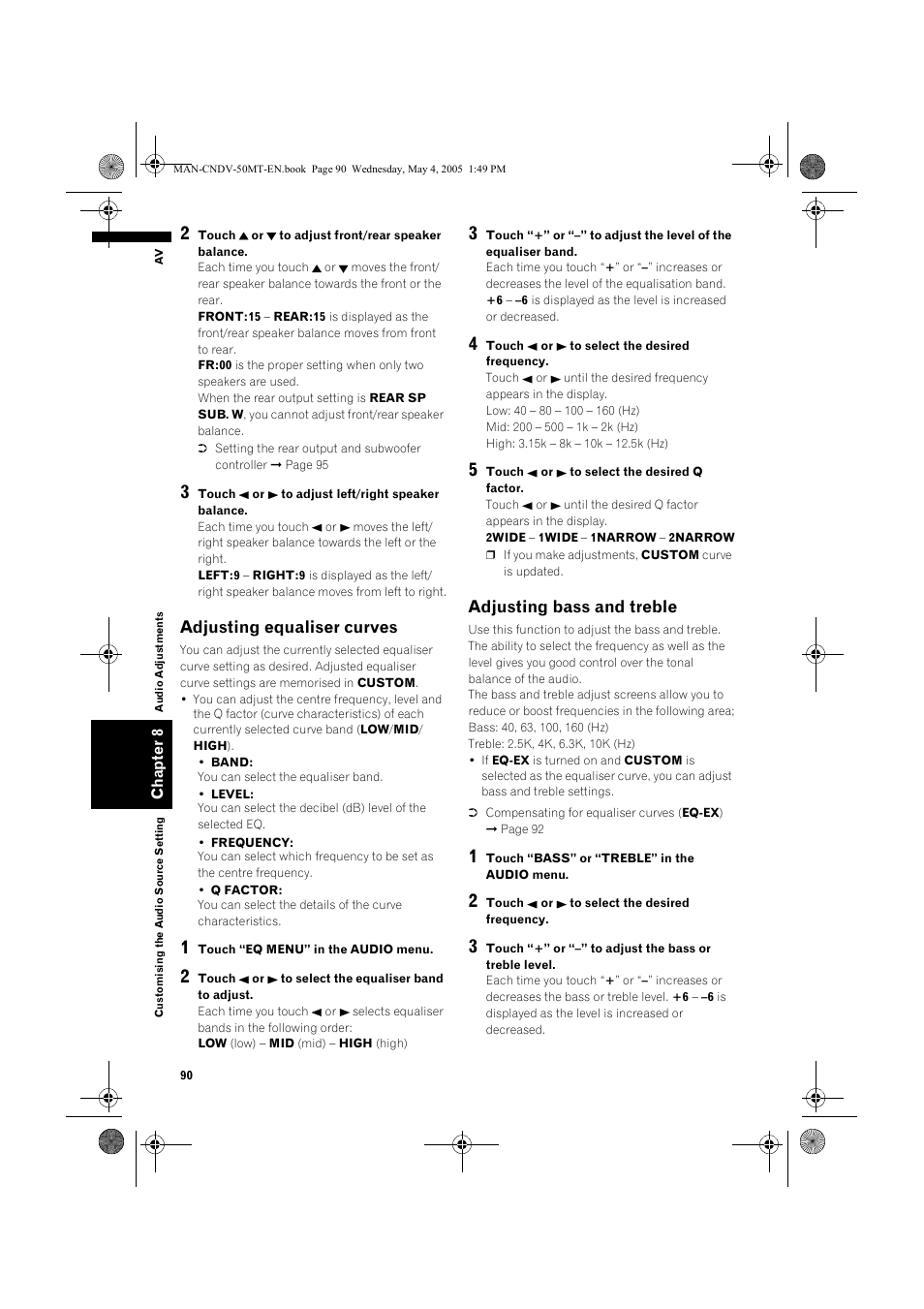 Adjusting equaliser curves, Adjusting bass and treble | Pioneer CNDV-50MT User Manual | Page 92 / 142