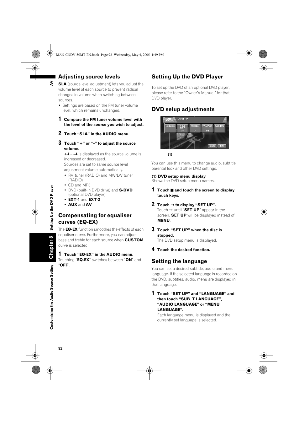 Adjusting source levels, Compensating for equaliser curves (eq-ex), Setting up the dvd player | Dvd setup adjustments, Setting the language | Pioneer CNDV-50MT User Manual | Page 94 / 142
