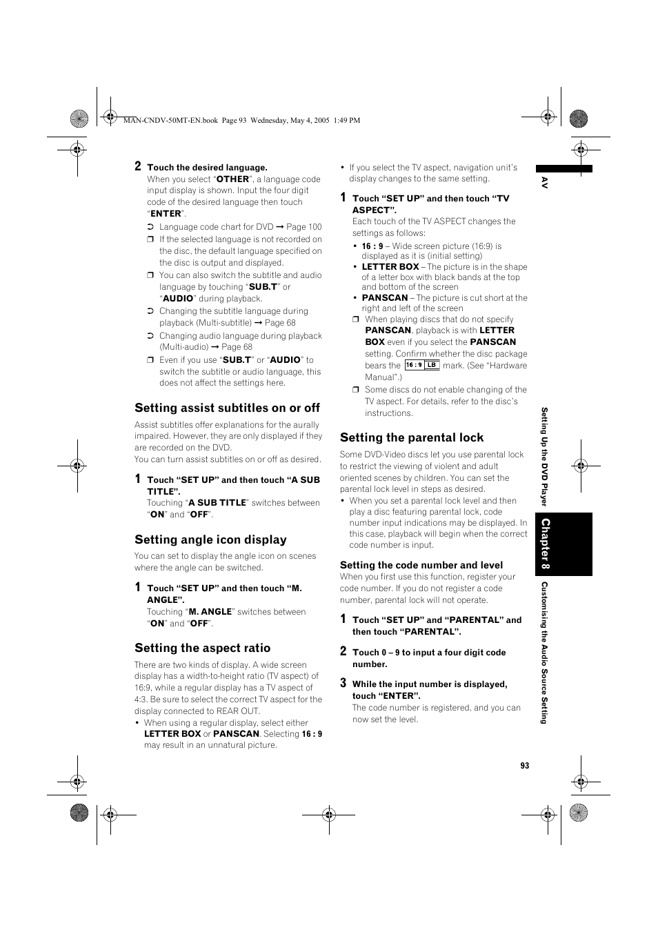Setting assist subtitles on or off, Setting angle icon display, Setting the aspect ratio | Setting the parental lock | Pioneer CNDV-50MT User Manual | Page 95 / 142