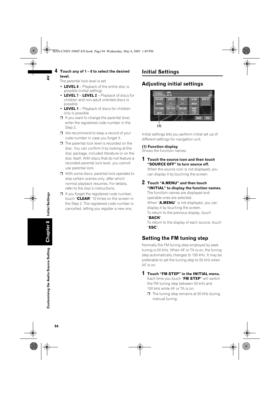 Initial settings adjusting initial settings, Setting the fm tuning step | Pioneer CNDV-50MT User Manual | Page 96 / 142