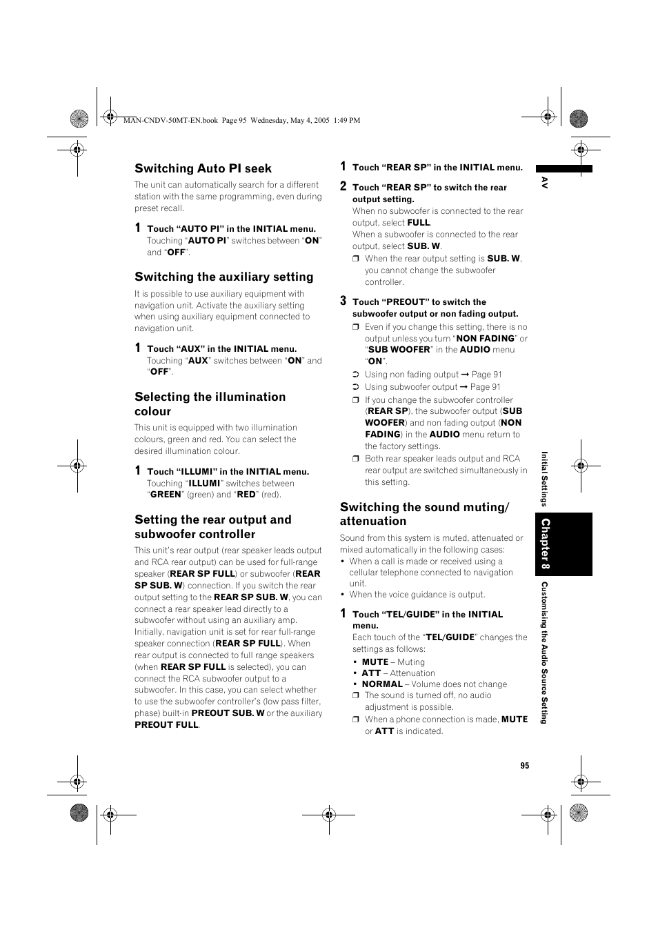 Switching auto pi seek, Switching the auxiliary setting, Selecting the illumination colour | Setting the rear output and subwoofer controller, Switching the sound muting/ attenuation | Pioneer CNDV-50MT User Manual | Page 97 / 142