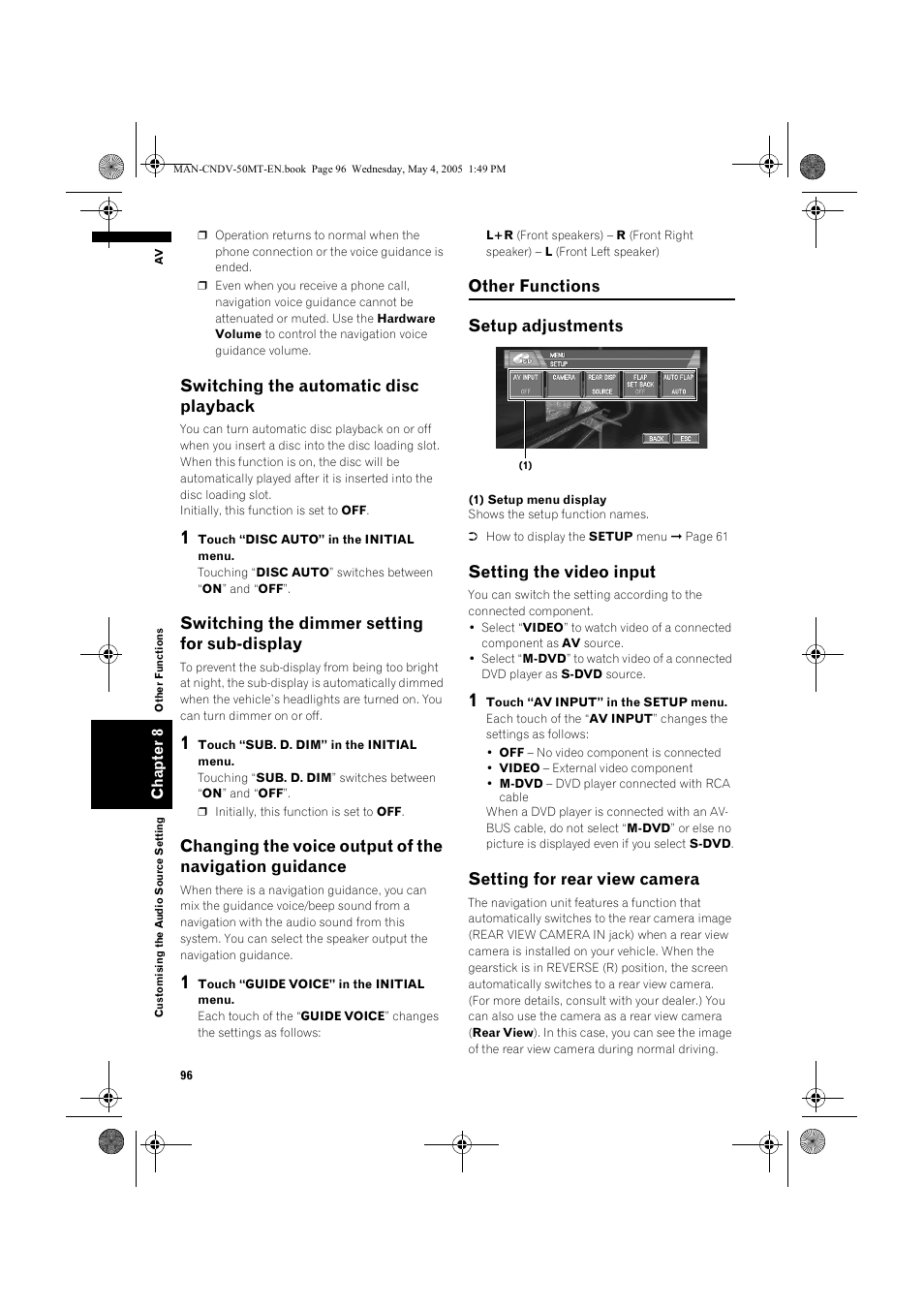 Switching the automatic disc playback, Switching the dimmer setting for sub-display, Other functions setup adjustments | Setting the video input, Setting for rear view camera | Pioneer CNDV-50MT User Manual | Page 98 / 142