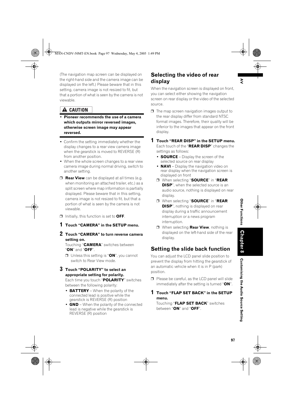 Selecting the video of rear display, Setting the slide back function | Pioneer CNDV-50MT User Manual | Page 99 / 142