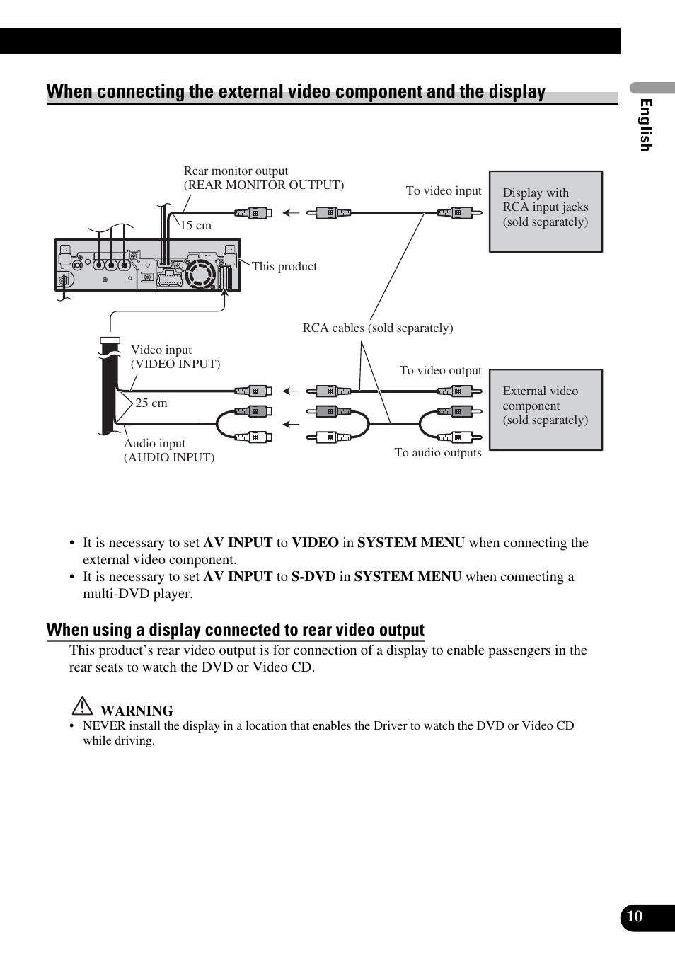 When connecting the external video, Component and the display | Pioneer AVH-P5900DVD User Manual | Page 11 / 86