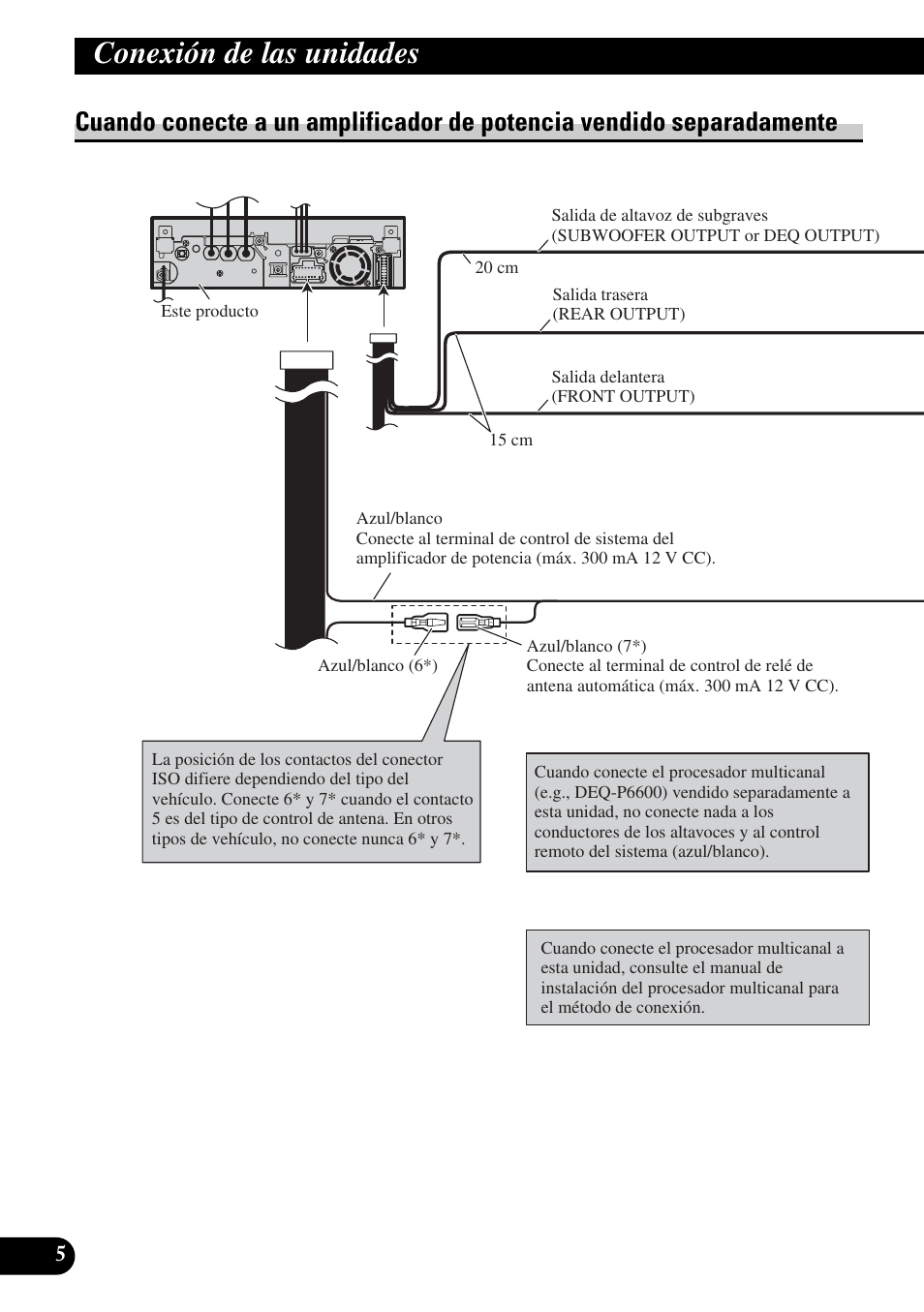 Cuando conecte a un amplificador de, Potencia vendido separadamente, Conexión de las unidades | Pioneer AVH-P5900DVD User Manual | Page 20 / 86