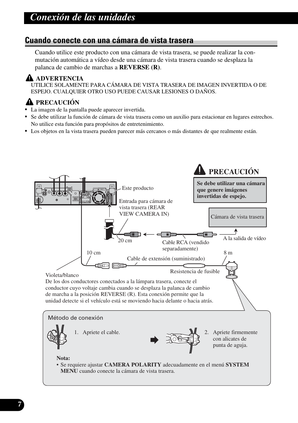 Cuando conecte con una cámara de, Vista trasera, Conexión de las unidades | Cuando conecte con una cámara de vista trasera, Precaución | Pioneer AVH-P5900DVD User Manual | Page 22 / 86