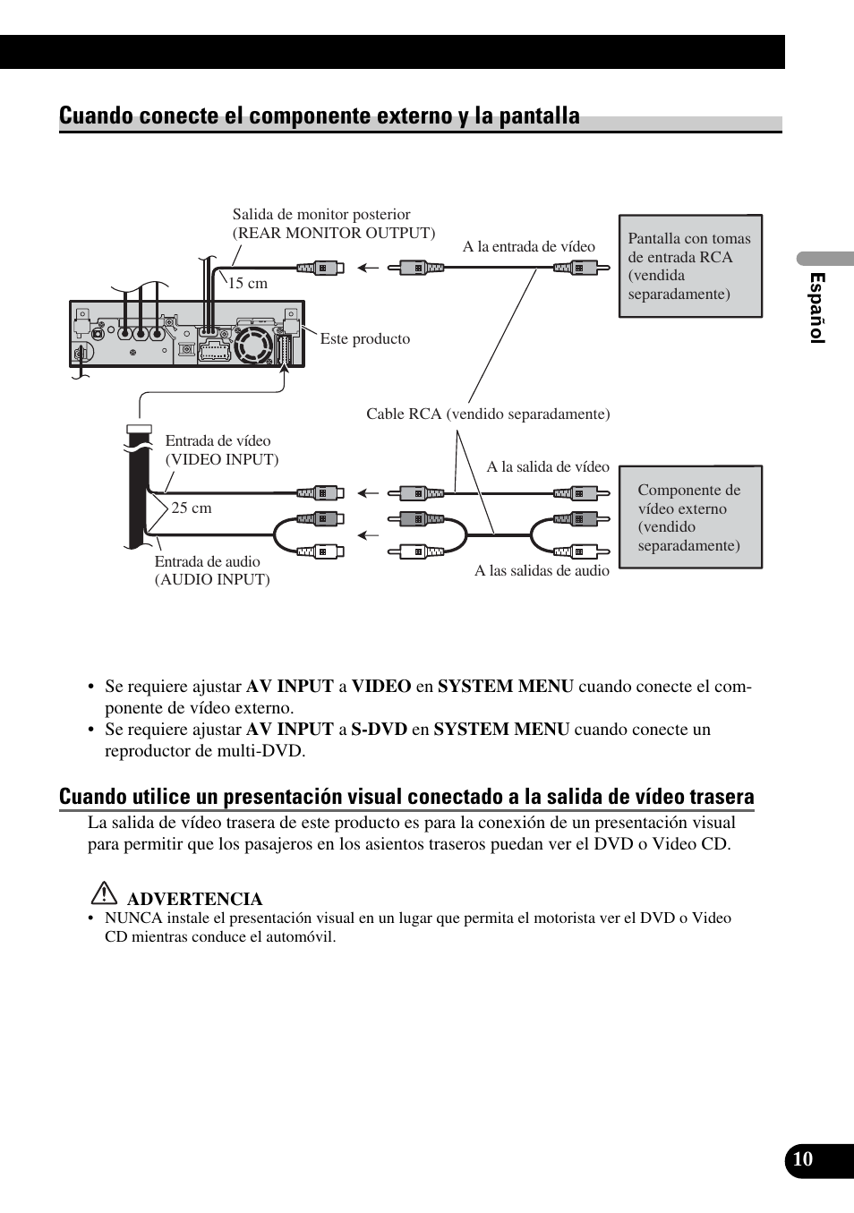 Cuando conecte el componente externo y, La pantalla, Cuando conecte el componente externo y la pantalla | Pioneer AVH-P5900DVD User Manual | Page 25 / 86