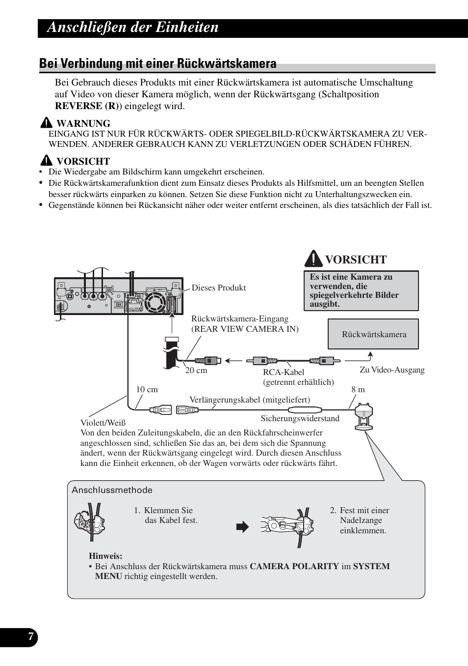 Bei verbindung mit einer rückwärtskamera, Anschließen der einheiten, Vorsicht | Pioneer AVH-P5900DVD User Manual | Page 36 / 86