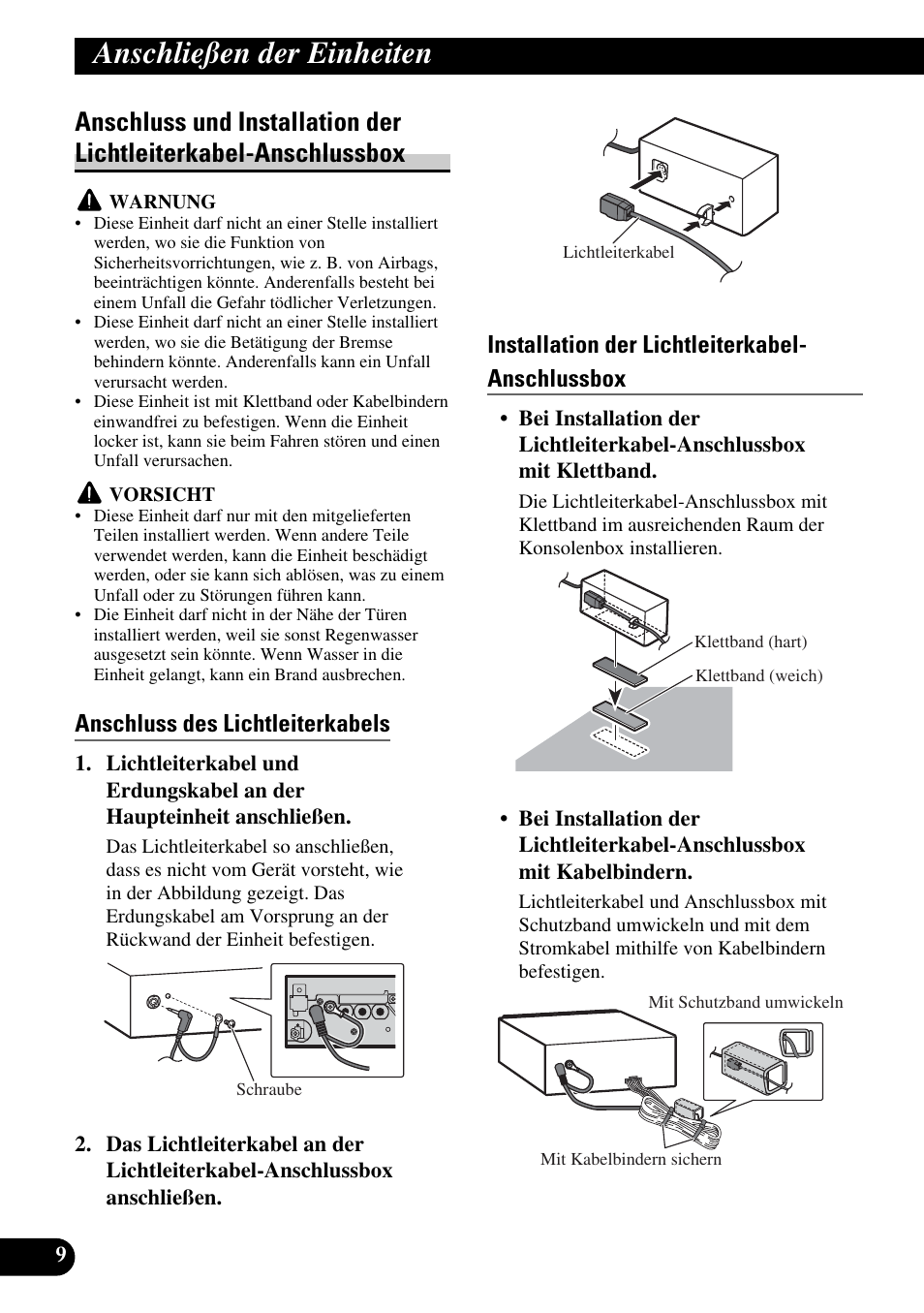 Anschluss und installation der, Lichtleiterkabel-anschlussbox, Anschließen der einheiten | Anschluss des lichtleiterkabels, Installation der lichtleiterkabel- anschlussbox | Pioneer AVH-P5900DVD User Manual | Page 38 / 86