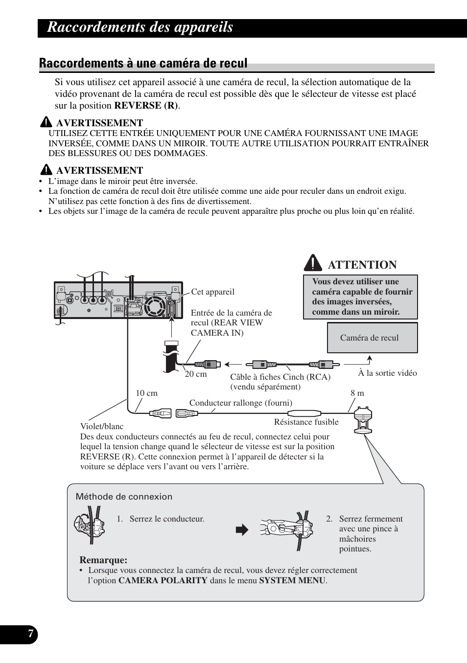 Raccordements à une caméra de recul, Raccordements des appareils, Attention | Pioneer AVH-P5900DVD User Manual | Page 50 / 86