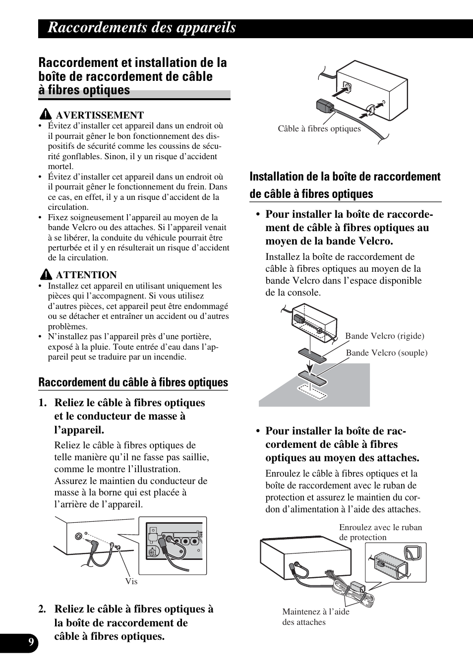 Raccordement et installation de la boîte de, Raccordement de câble à fibres optiques, Raccordements des appareils | Raccordement du câble à fibres optiques | Pioneer AVH-P5900DVD User Manual | Page 52 / 86