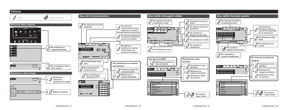 Italiano, Selezione della sorgente regolazione dell’orologio, Per selezionare una stazione preimpostata | Uso del menù dvd, Riproduzione video dall’ipod, Per ricercare un brano per categoria | Pioneer AVH-2400BT User Manual | Page 5 / 8