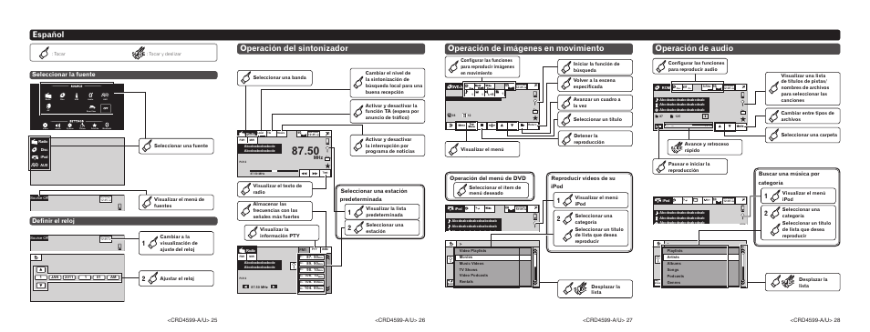 Español, Seleccionar la fuente definir el reloj, Seleccionar una estación predeterminada | Operación del menú de dvd, Reproducir vídeos de su ipod, Buscar una música por categoría | Pioneer AVH-2400BT User Manual | Page 7 / 8