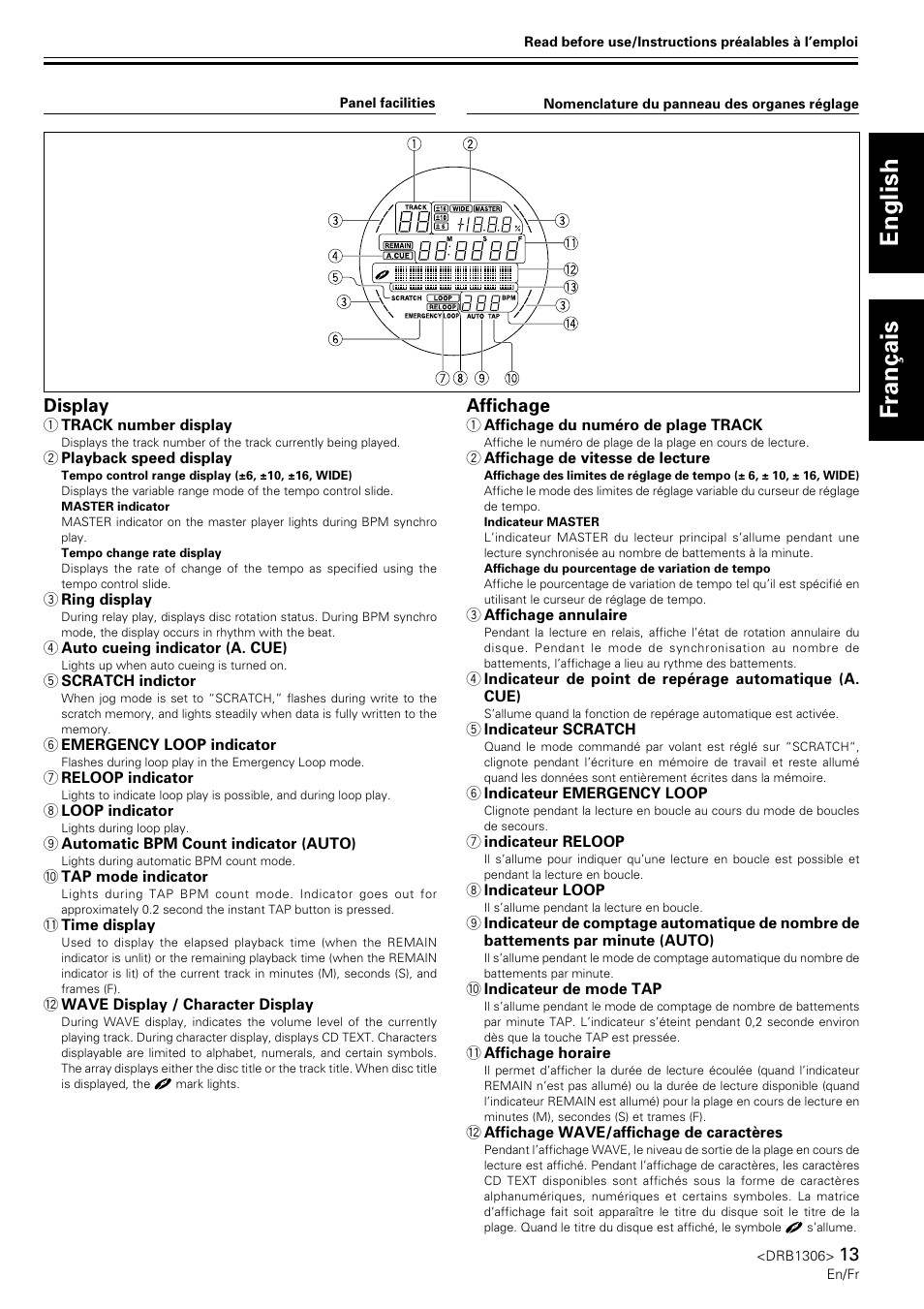 English français, Display, Affichage | Pioneer CMX-3000 User Manual | Page 13 / 100