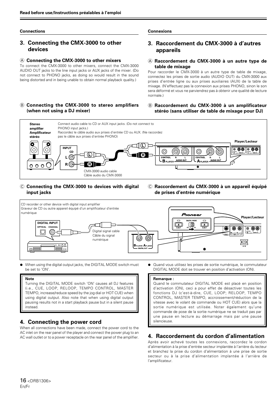 Connecting the power cord, Raccordement du cordon d’alimentation, Raccordement du cmx-3000 à d’autres appareils | Connecting the cmx-3000 to other devices | Pioneer CMX-3000 User Manual | Page 16 / 100