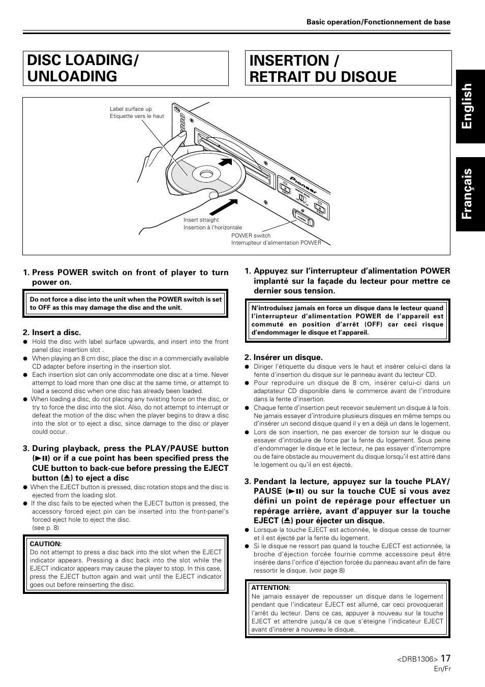 Disc loading/unloading, Insertion/retrait du disque, Disc loading/ unloading | Insertion / retrait du disque, English fran ç ais | Pioneer CMX-3000 User Manual | Page 17 / 100