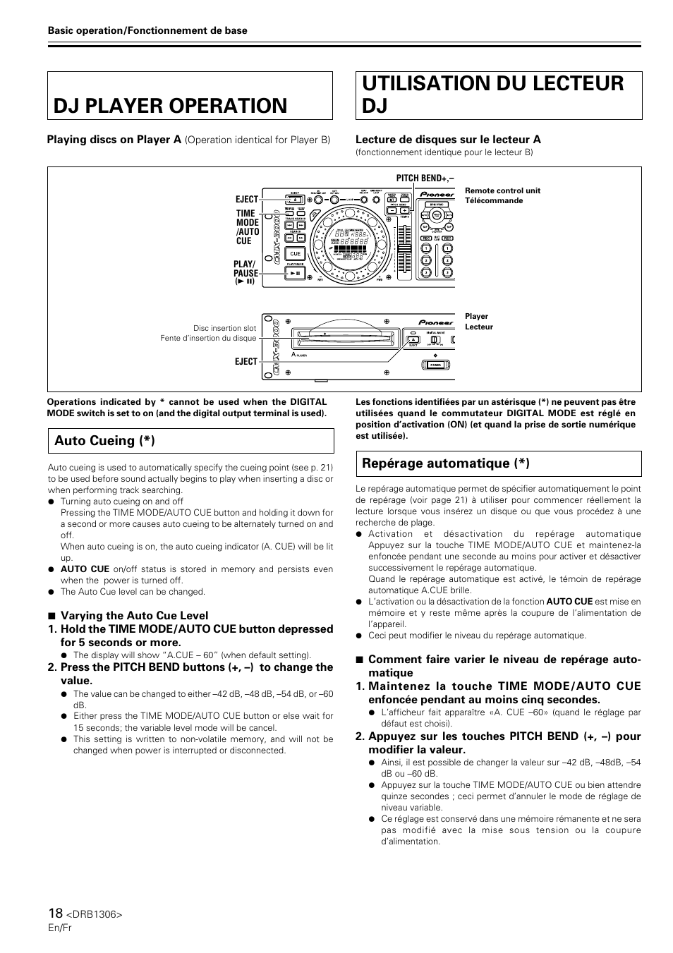 Dj player operation, Auto cueing, Utilisation du lecteur dj | Repérage automatique, Dj player operation utilisation du lecteur dj, Auto cueing (*), Repérage automatique (*) | Pioneer CMX-3000 User Manual | Page 18 / 100