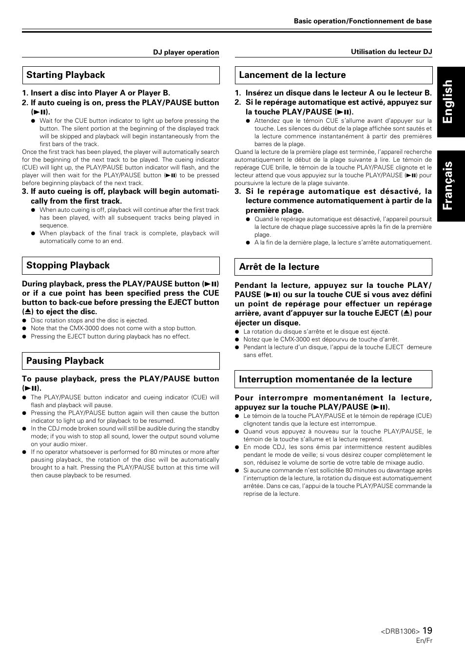 Starting playback, Stopping playback, Pausing playback | Lancement de la lecture, Arrêt de la lecture, Interruption momentanée de la lecture, English fran ç ais | Pioneer CMX-3000 User Manual | Page 19 / 100