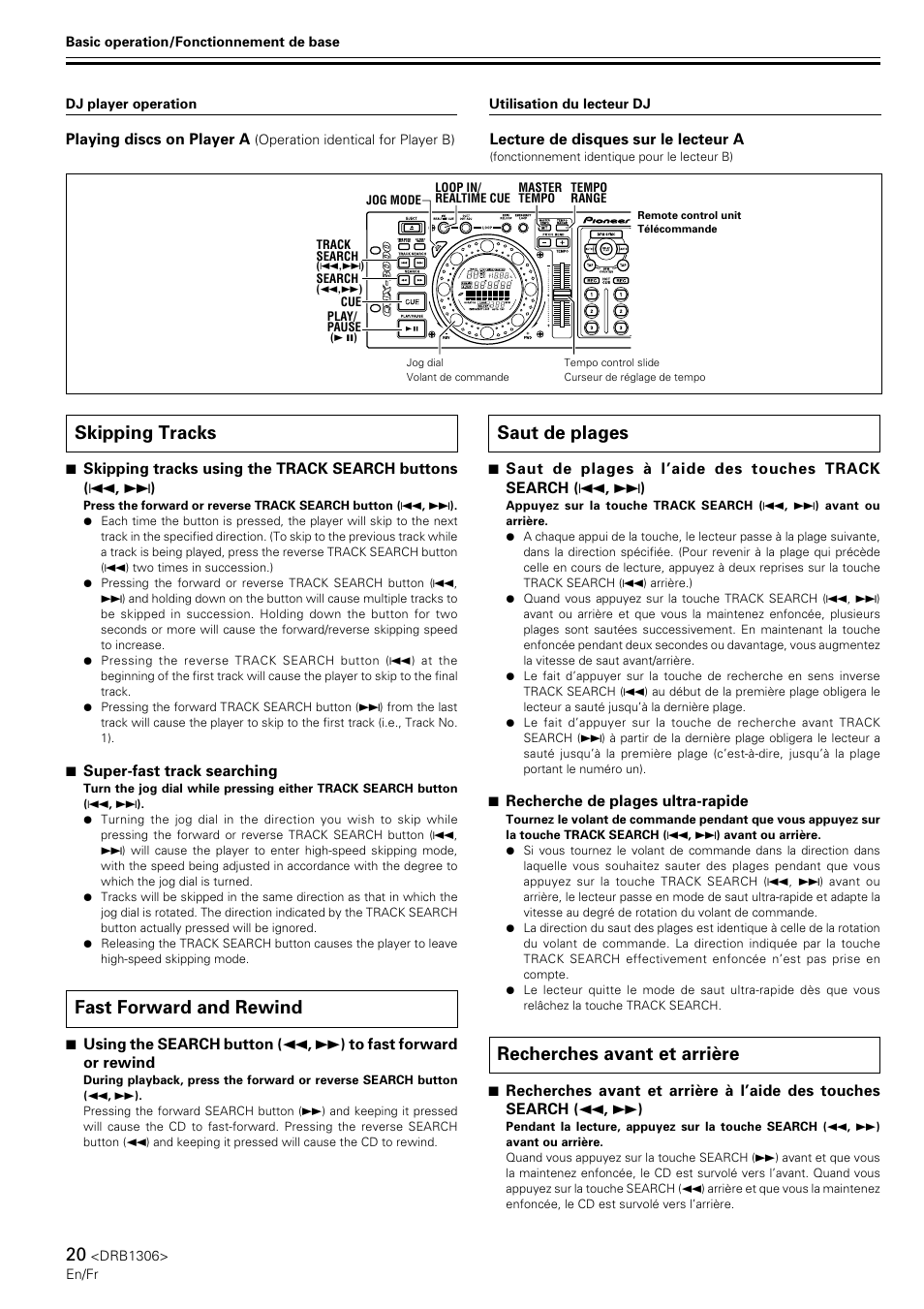 Skipping tracks, Fast forward and rewind, Saut de plages | Recherches avant et arrière | Pioneer CMX-3000 User Manual | Page 20 / 100