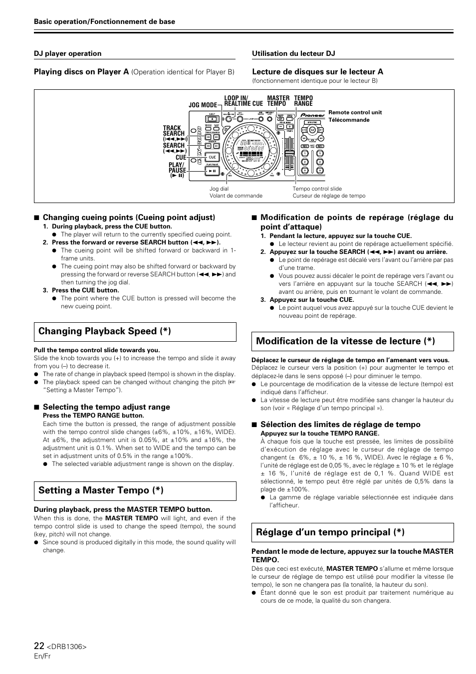 Changing playback speed, Setting a master tempo, Modification de la vitesse de lecture | Réglage d’un tempo principal, Changing playback speed (*), Setting a master tempo (*), Modification de la vitesse de lecture (*), Réglage d’un tempo principal (*) | Pioneer CMX-3000 User Manual | Page 22 / 100