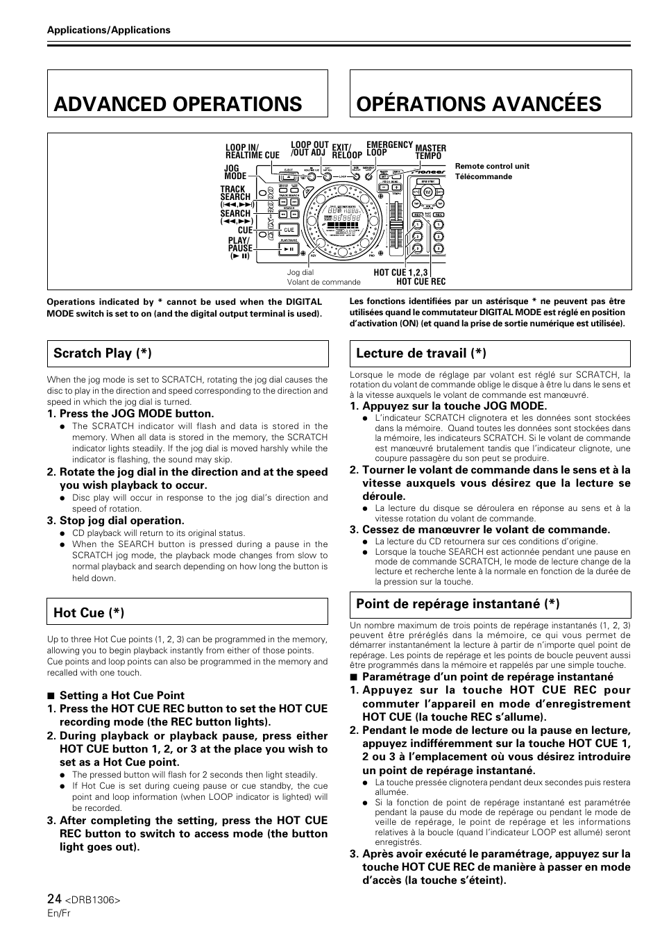 Advanced operations, Scratch play, Hot cue | Opérations avancées, Lecture de travail, Point de repérage instantané, Advanced operations opérations avancées, Scratch play (*), Hot cue (*), Lecture de travail (*) | Pioneer CMX-3000 User Manual | Page 24 / 100