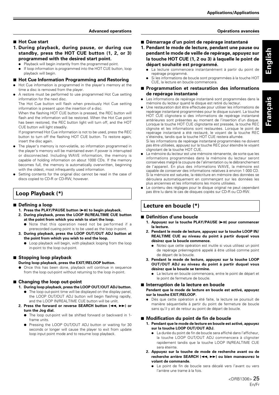 Loop playback, Lecture en boucle, English fran ç ais | Loop playback (*), Lecture en boucle (*) | Pioneer CMX-3000 User Manual | Page 25 / 100