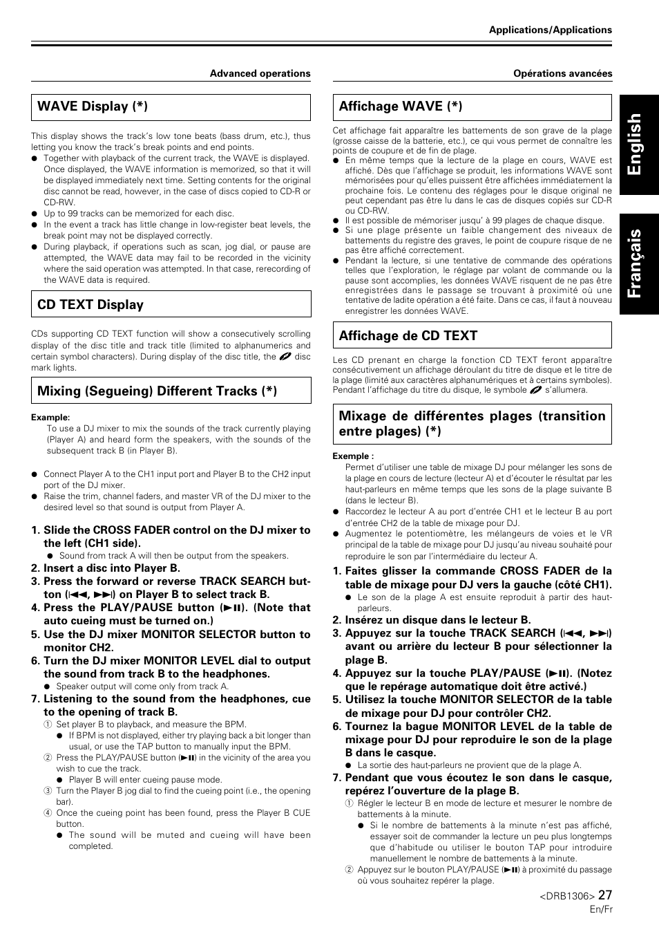 Wave display, Cd text display, Mixing (segueing) different tracks | Affichage wave, Affichage de cd text, English fran ç ais, Wave display (*), Mixing (segueing) different tracks (*), Affichage wave (*) | Pioneer CMX-3000 User Manual | Page 27 / 100