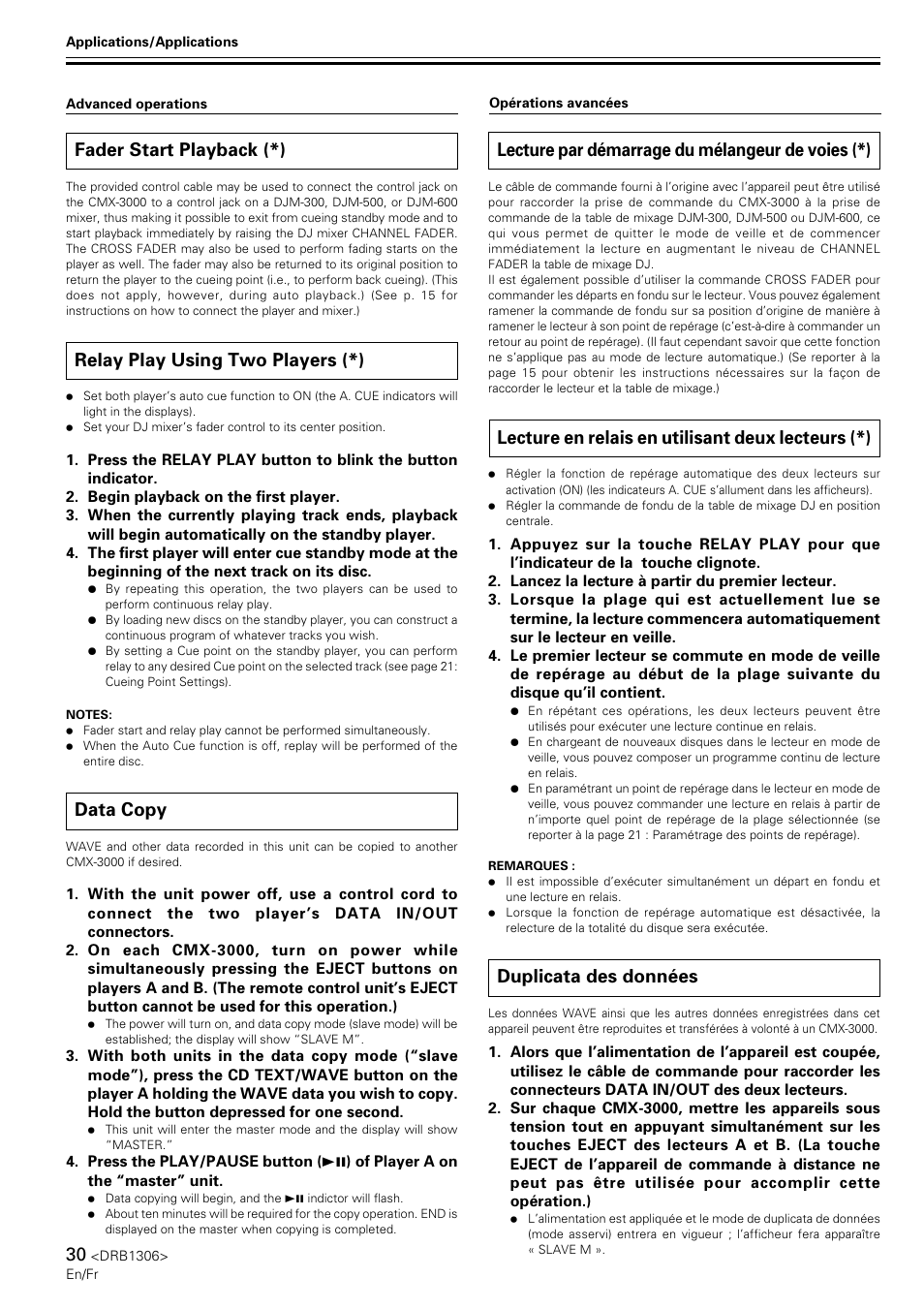 Fader start playback, Relay play using two players, Data copy | Lecture par démarrage du mélangeur de voies, Lecture en relais en utilisant deux lecteurs, Duplicata des données, Fader start playback (*), Relay play using two players (*), Lecture par démarrage du mélangeur de voies (*), Lecture en relais en utilisant deux lecteurs (*) | Pioneer CMX-3000 User Manual | Page 30 / 100