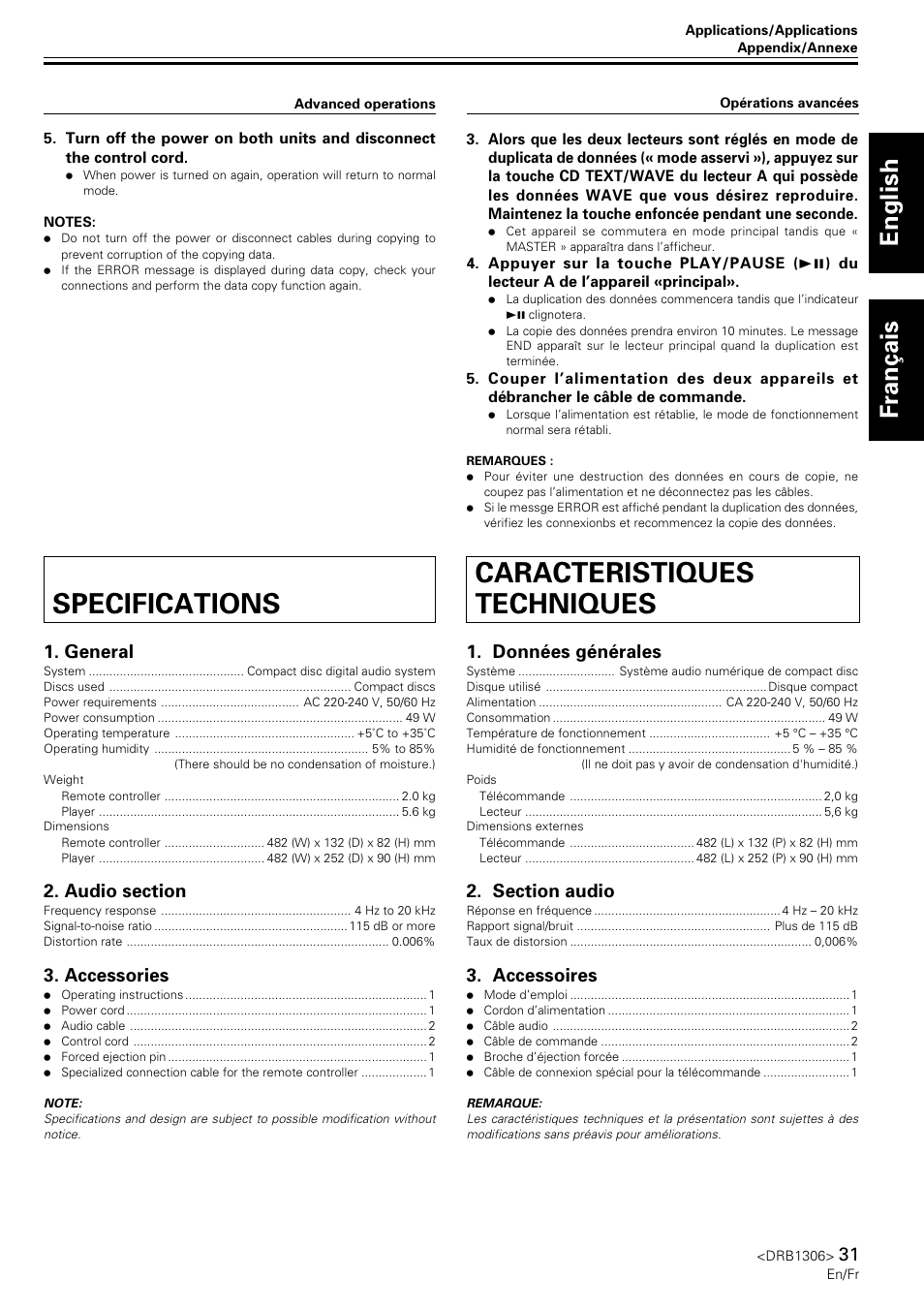 Specifications, Caracteristiques techniques, English fran ç ais | Données générales, Accessoires, General, Accessories | Pioneer CMX-3000 User Manual | Page 31 / 100