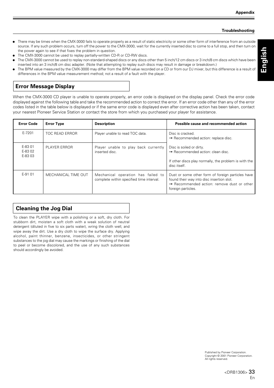 Error message display, Cleaning the jog dial, English fran ç ais | Pioneer CMX-3000 User Manual | Page 33 / 100