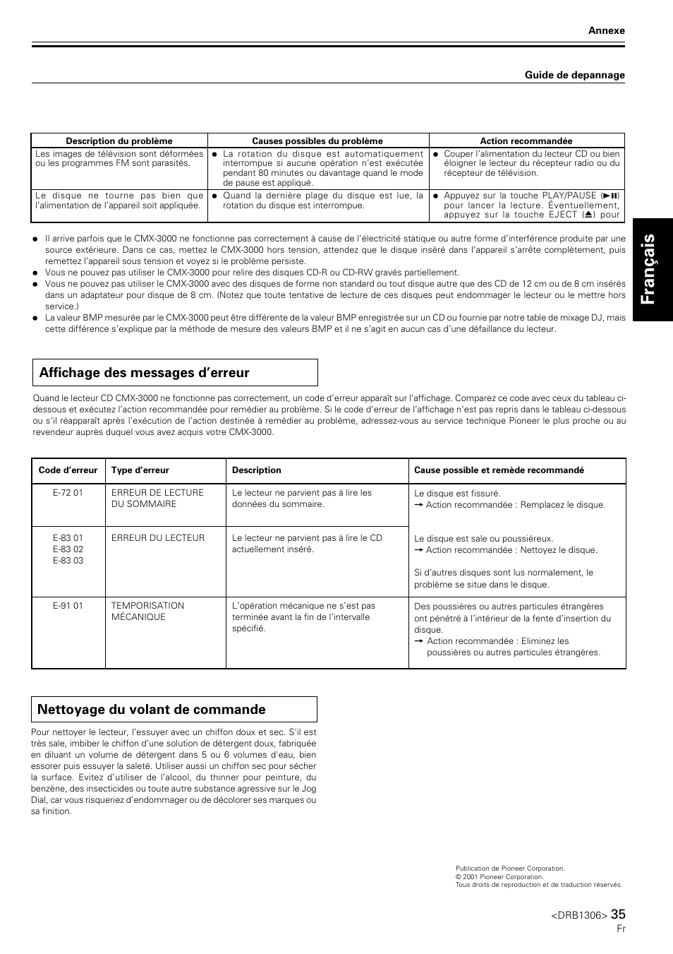 Affichage des messages d’erreur, Nettoyage du volant de commande, English fran ç ais | Pioneer CMX-3000 User Manual | Page 35 / 100