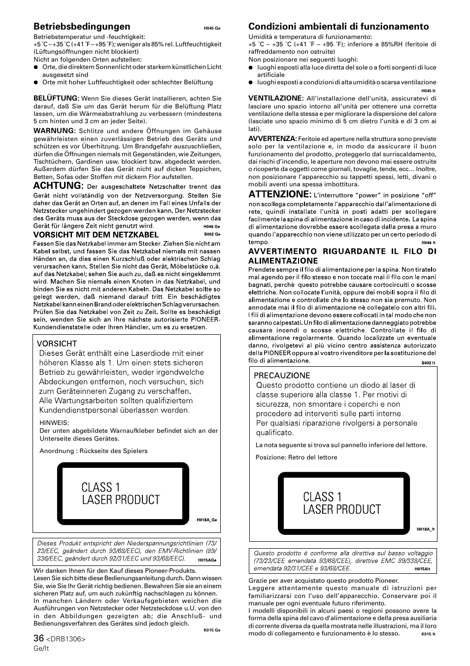 Betriebsbedingungen, Condizioni ambientali di funzionamento | Pioneer CMX-3000 User Manual | Page 36 / 100